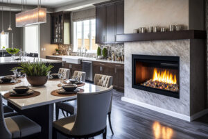 Beautiful kitchen  remodel with a big island, an eating area, and a built in table in a brand new luxury home. View of the living room's stylish fireplace surround. Generative AI