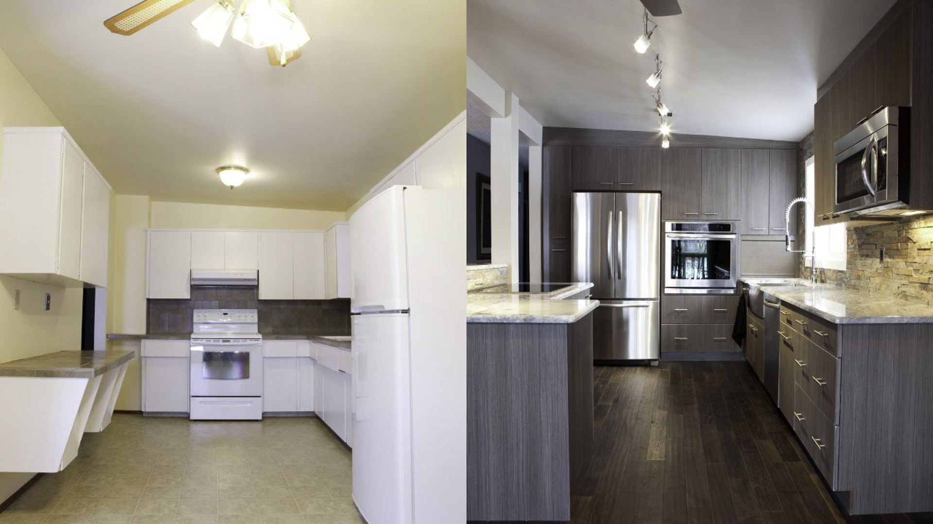 Before and after picture of a kitchen remodel rental property in Orem, Utah.